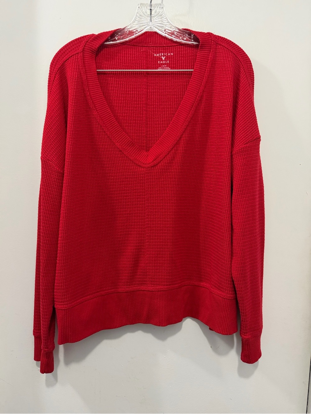 American Eagle Outfitters Red V-Neck Waffle Knit Top